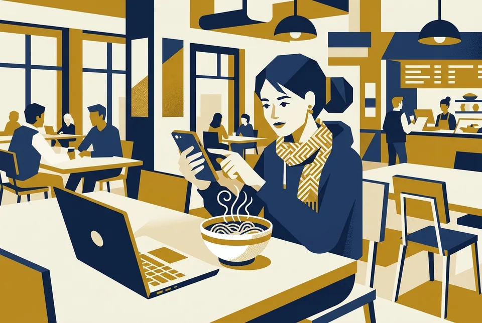 Mahasiswa scrolling HP di kantin, mie beruap belum disentuh