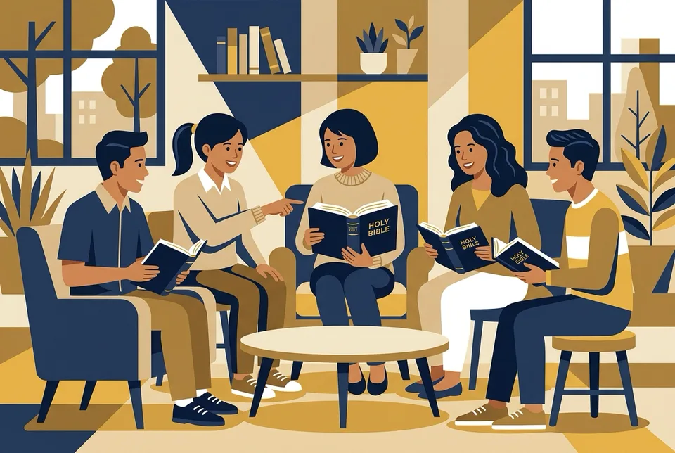 Lima mahasiswa berdiskusi melingkar dengan Alkitab studi terbuka